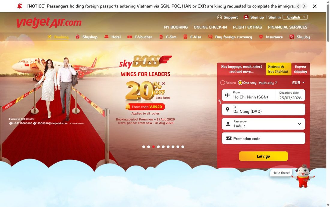 Поиск на vietjetair.com: маршрут (напр. Хошимин SGN — Дананг DAD), «One-way», дата, пассажиры; валюта EUR